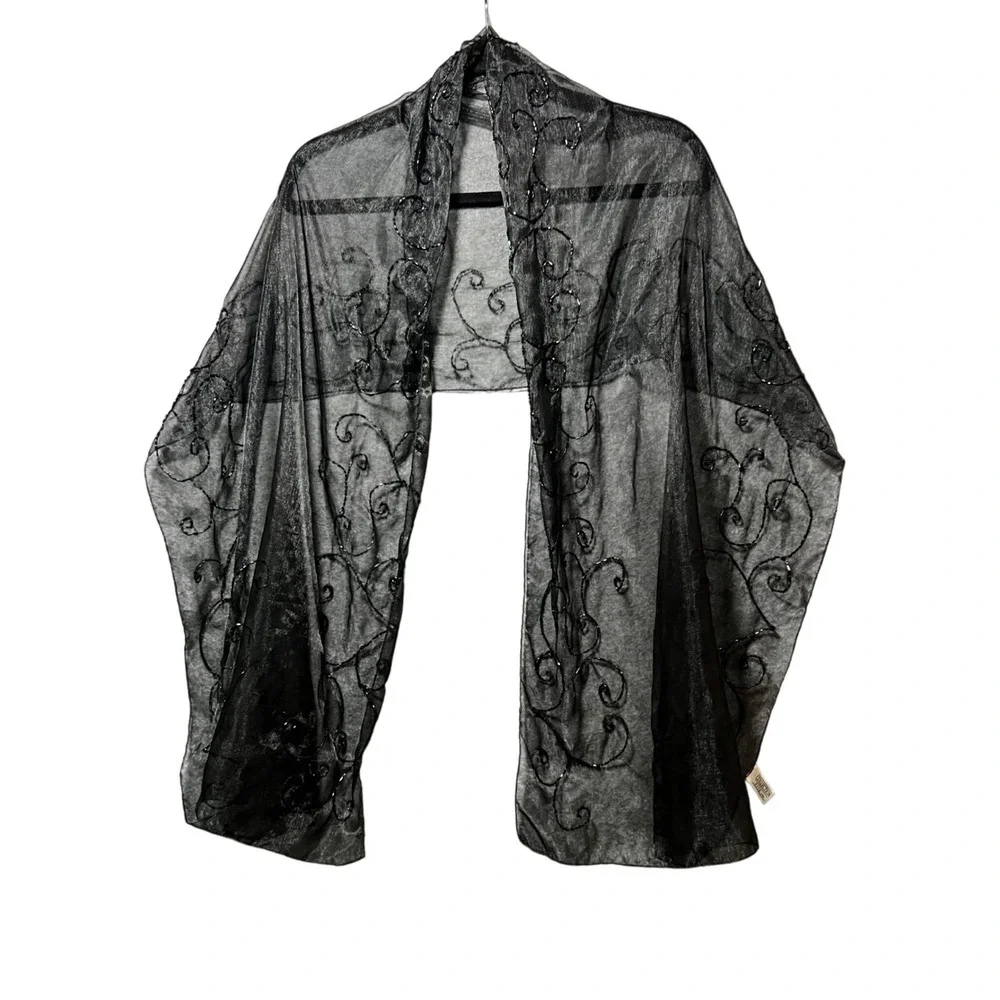 Collection XIIX Vintage Black Sheer Beaded Scrollwork Wrap Shawl 70